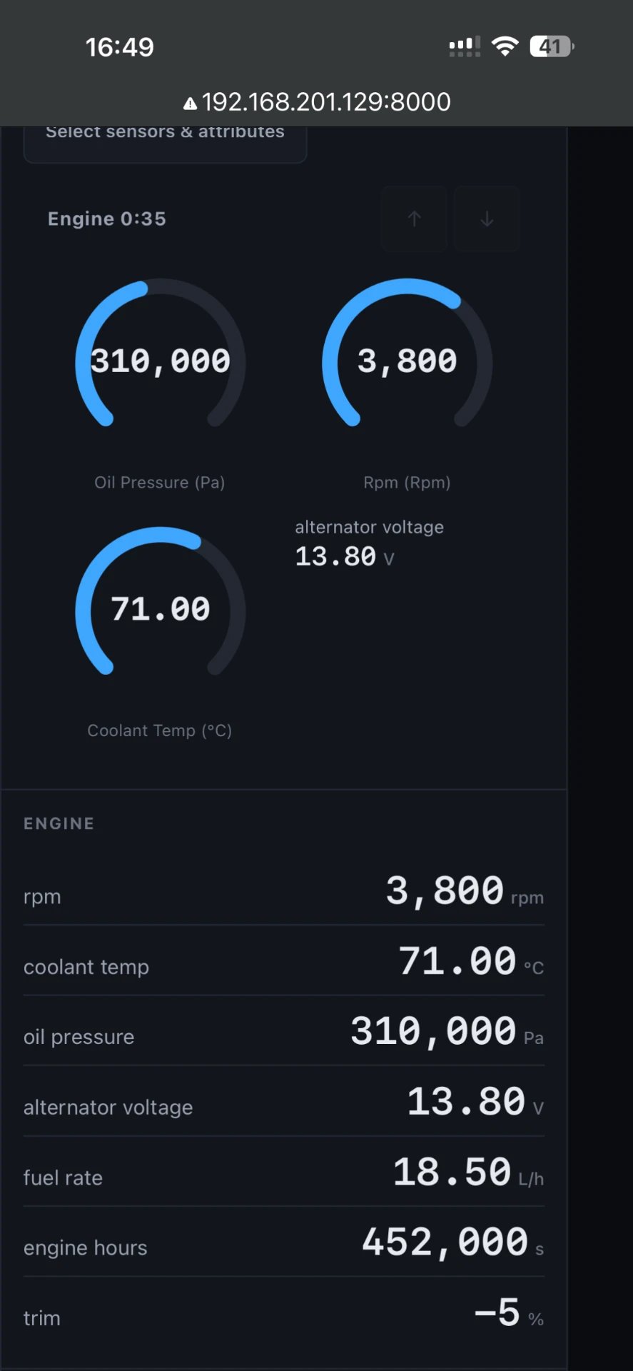 Phone dashboard showing engine gauges for oil pressure, RPM and coolant temperature, with an engine data list below