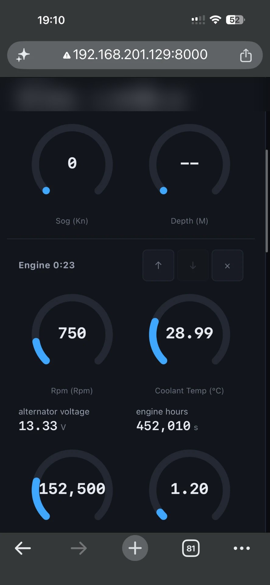 Navigation gauges for speed over ground and depth above a second engine card