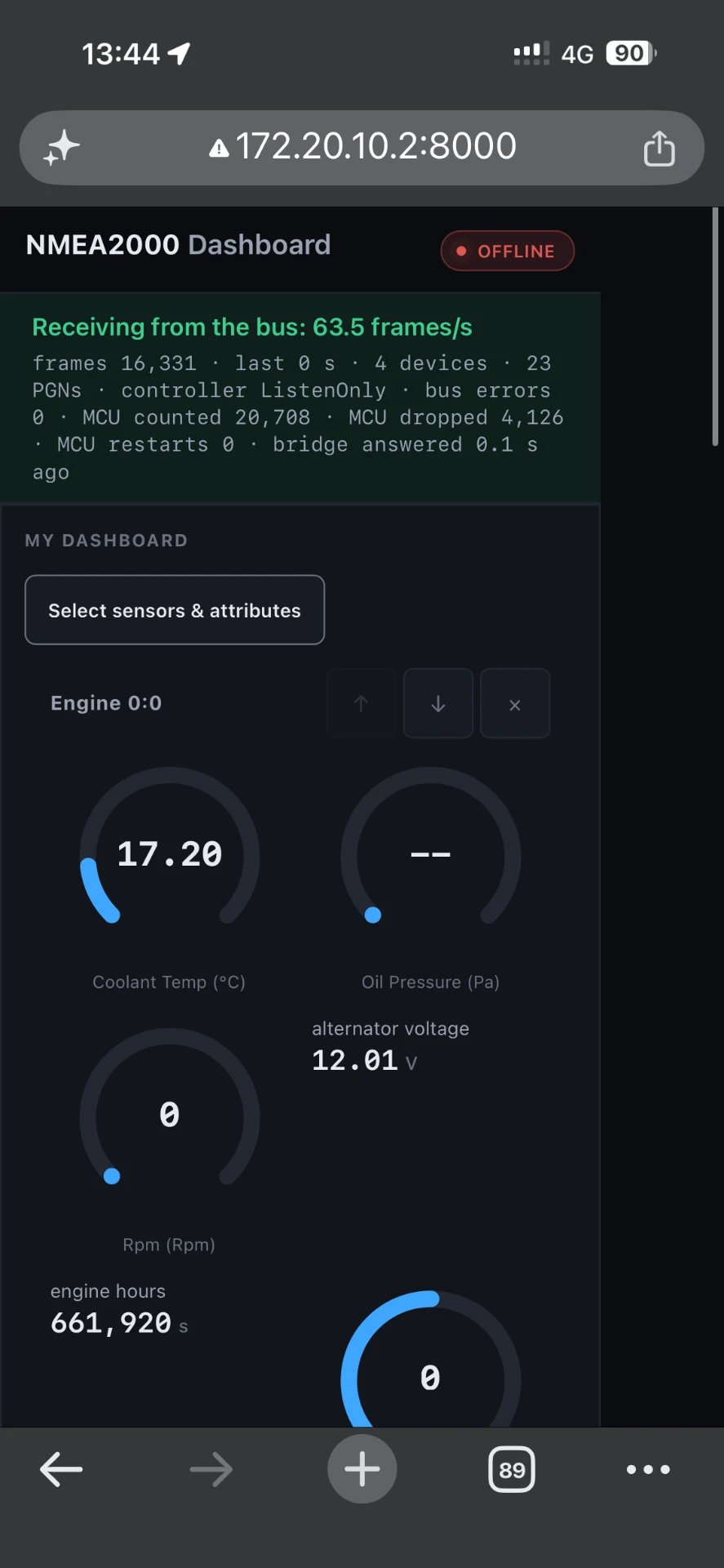Bus status strip reading 63.5 frames per second with controller in ListenOnly mode