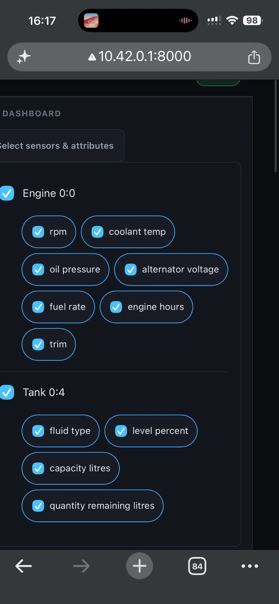 Sensor picker with checkboxes for engine and tank attributes