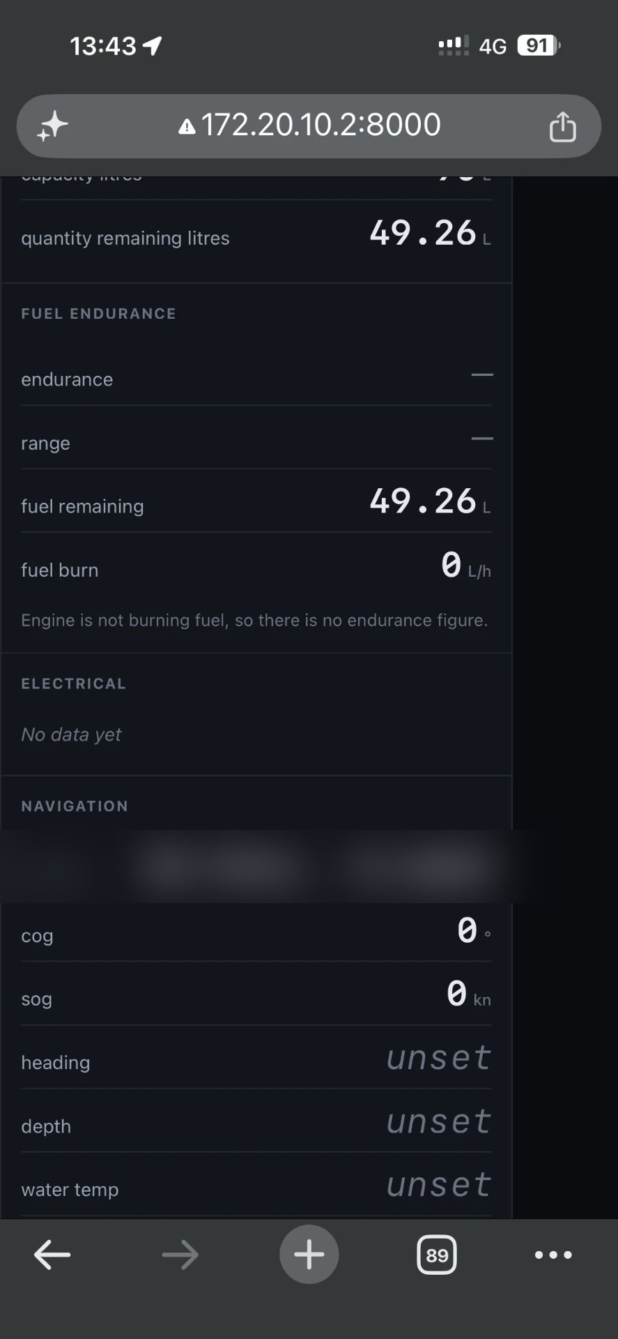 Fuel endurance and navigation data list on the phone dashboard